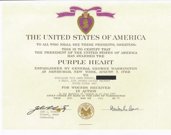 Purple Heart Award ~ Given on 30 July 1970