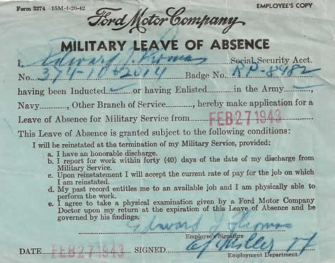 Ford Motor Company Military Leave of Absence World War II