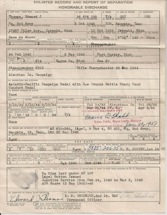 Edward J. Thomas Honorable Discharge - October 3, 1945 Memphis Tennessee