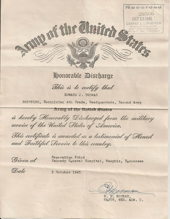 Edward J. Thomas Honorable Discharge - October 3, 1945 Memphis Tennessee