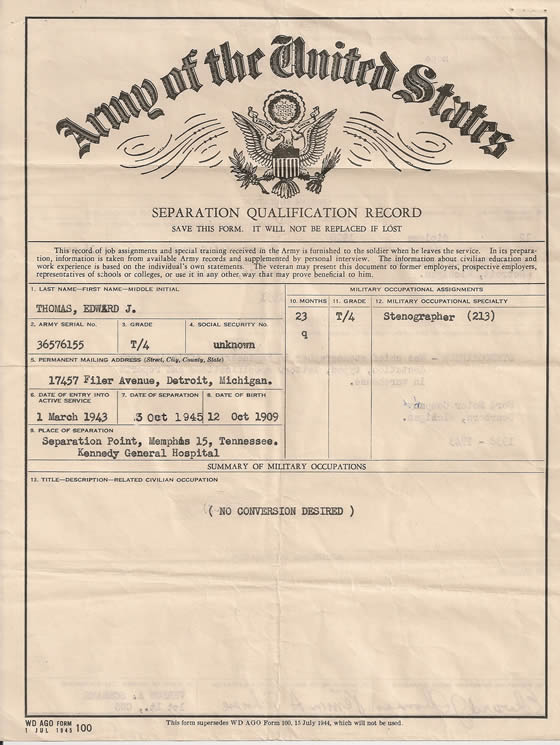 Edward J. Thomas Separation Papers - October 3, 1945 Kennedy General Hospital, Memphis Tennessee