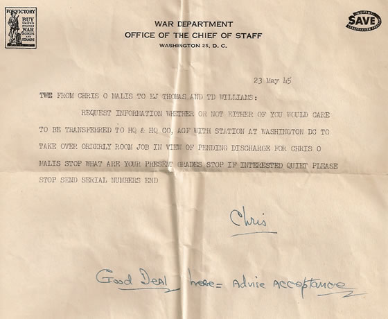 John Chris O Malis letter from Washington D. C. asking Edward Thomas requesting he transfer - May 23, 1945