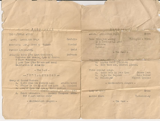 Music Concert - Table of Contents - Memphis Feb. 1945