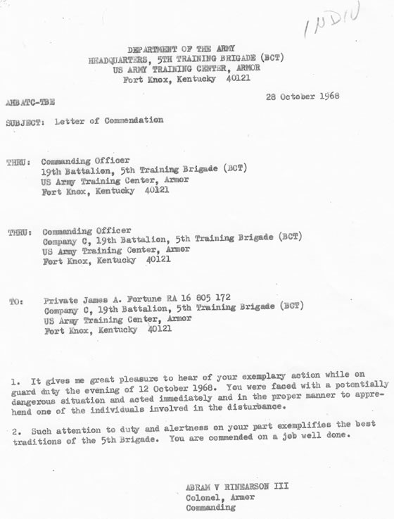 Jim Fortune Letter of Commendation ~ Headquarters 